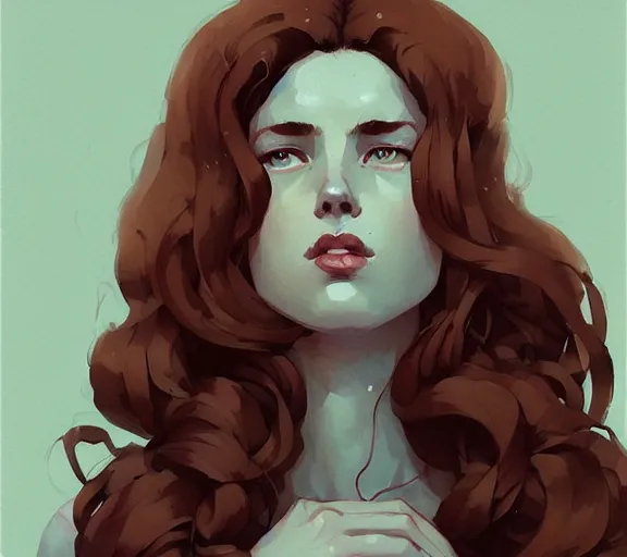 Image similar to portrait woman with long red curly hair, by atey ghailan, by greg rutkowski, by greg tocchini, by james gilleard, by joe fenton, by kaethe butcher, by ashley wood, dynamic lighting, gradient light blue, brown, blonde cream and white color scheme, grunge aesthetic