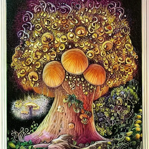 Image similar to abundant and elaborate visions once the mushroom gods come to roost