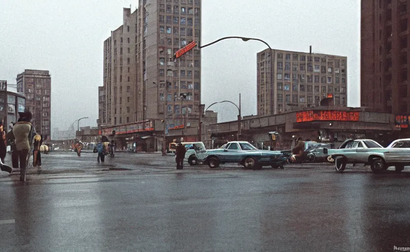 Image similar to 70s movie still of a sovietic street with pedestrians with soviet highrise in the backround , Cinestill 800t 18mm ektachrome color, heavy grainy picture, very detailed, high quality, 4k panoramic, HD criterion, dramatic lightning, neon billboards and streetlight at night, rain, mud, foggy, one giant Marx portrait on the wall, soviet flags