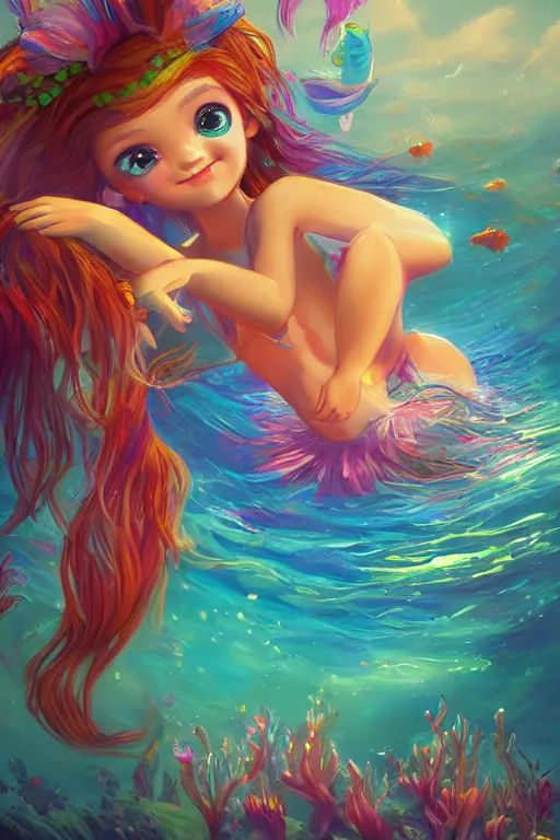 Prompt: cute cartoon childrens book illustrations of a mermaid, vivid colors, high details, cinematic, 8k resolution, beautiful detailed, photorealistic, digital painting, artstation, concept art, smooth, sharp focus, illustration, fantasy background, artstation trending, octane render, unreal engine