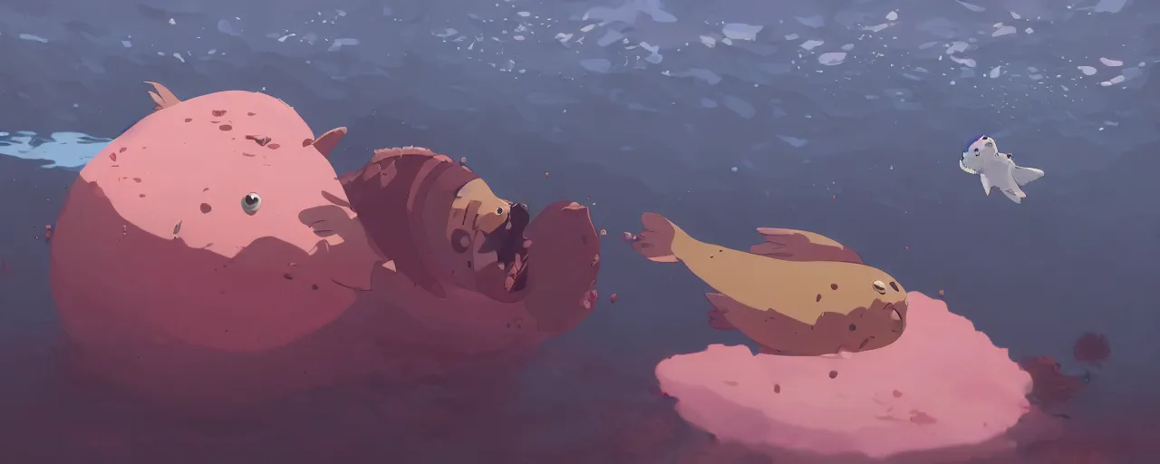 Prompt: piranhas attacking a baby harp seal in a tropical river, blood in the water, atey ghailan, goro fujita, studio ghibli, rim light, dark lighting, clear focus, very coherent