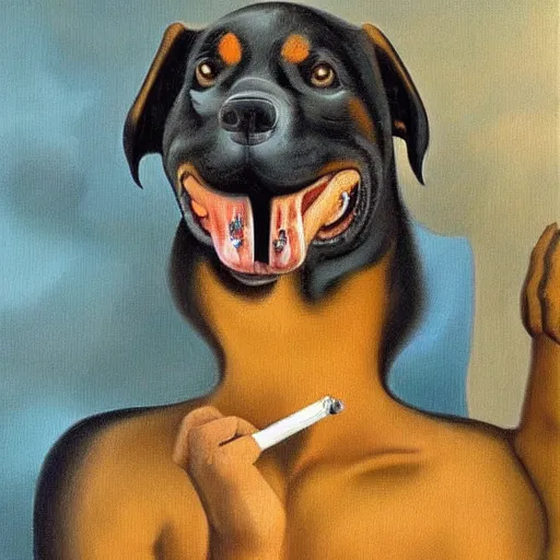 Image similar to oil painting by salvador dali of a rottweiler smoking a cigarette