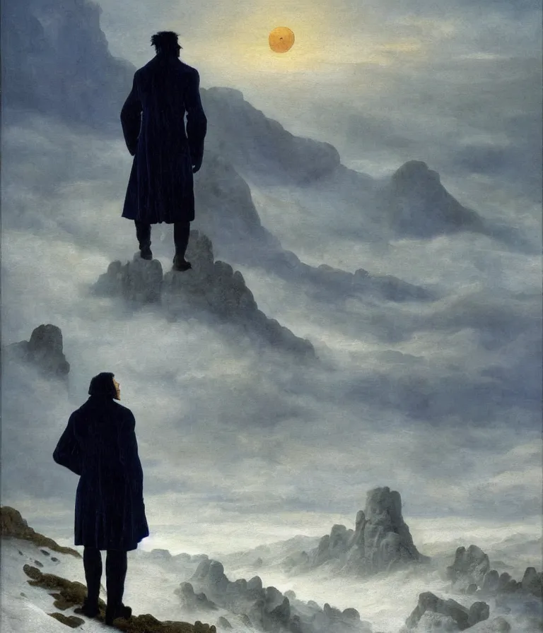 Image similar to a painting in the style of caspar david friedrich's wanderer above the sea of fog of a man in a navy blue trench coat with the head of a gorilla standing above a wasteland of snow