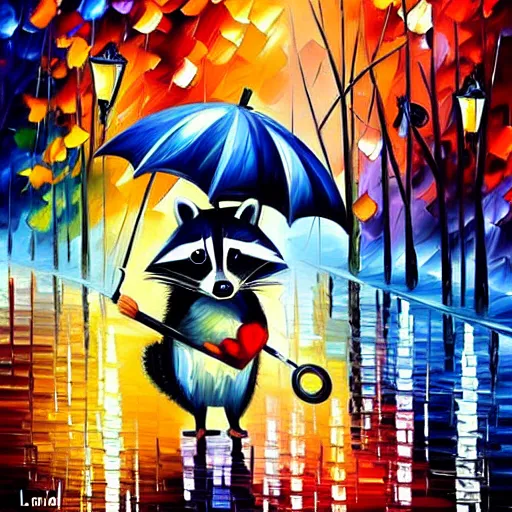 Image similar to raccoon with umbrella in the rain, by leonid afremov