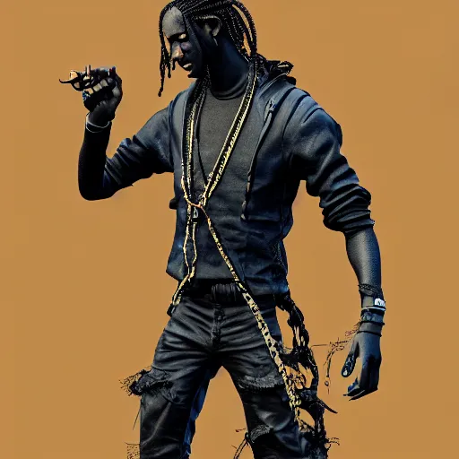 Prompt: travis scott holding black rose, zbrush, blender, digital art, trending on artstation,