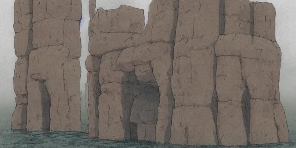 Image similar to a realistic cell - shaded studio ghibli concept art from paprika ( 2 0 0 6 ) of a hairless ape from close encounters of the third kind ( 1 9 7 7 ) in a flooded monument valley stonehenge. very dull colors, wide shot, hd, 4 k, hq