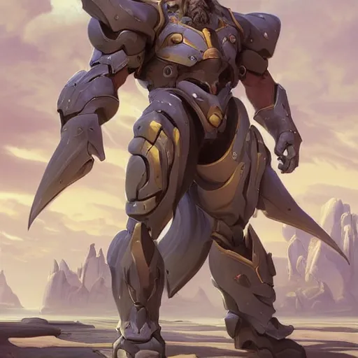 Prompt: science-fiction utopian character portrait of a huge muscular tall giant Reinhardt from Overwatch, long white hair and beard, intricate, wild, highly detailed, digital painting, artstation, upper body, concept art, smooth, sharp focus, illustration, art by artgerm and greg rutkowski and alphonse mucha