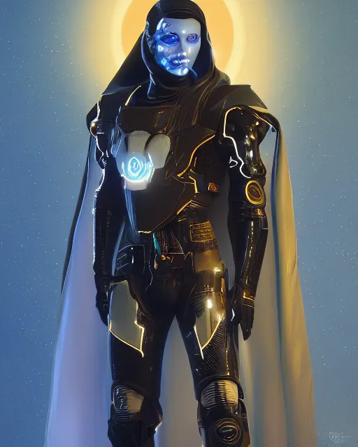 Prompt: detailed portrait of a cyborg, necromancer, benevolent, scifi, futuristic, elegant cape, glow, year 2 1 0 0, destiny 2 style, white, blue, gold, trending on artstation, illuminated, holy machine, advanced technology, art by vitaly bulgarov and nivanh chanthara