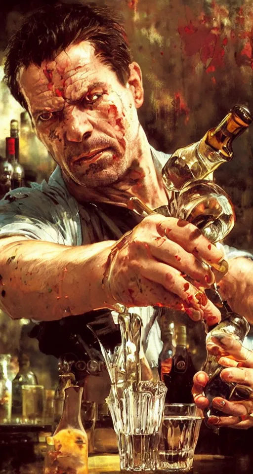 Image similar to close up of bloodied max payne pouring vodka, sun shining, photo realistic illustration by greg rutkowski, thomas kindkade, alphonse mucha, loish, norman rockwell.