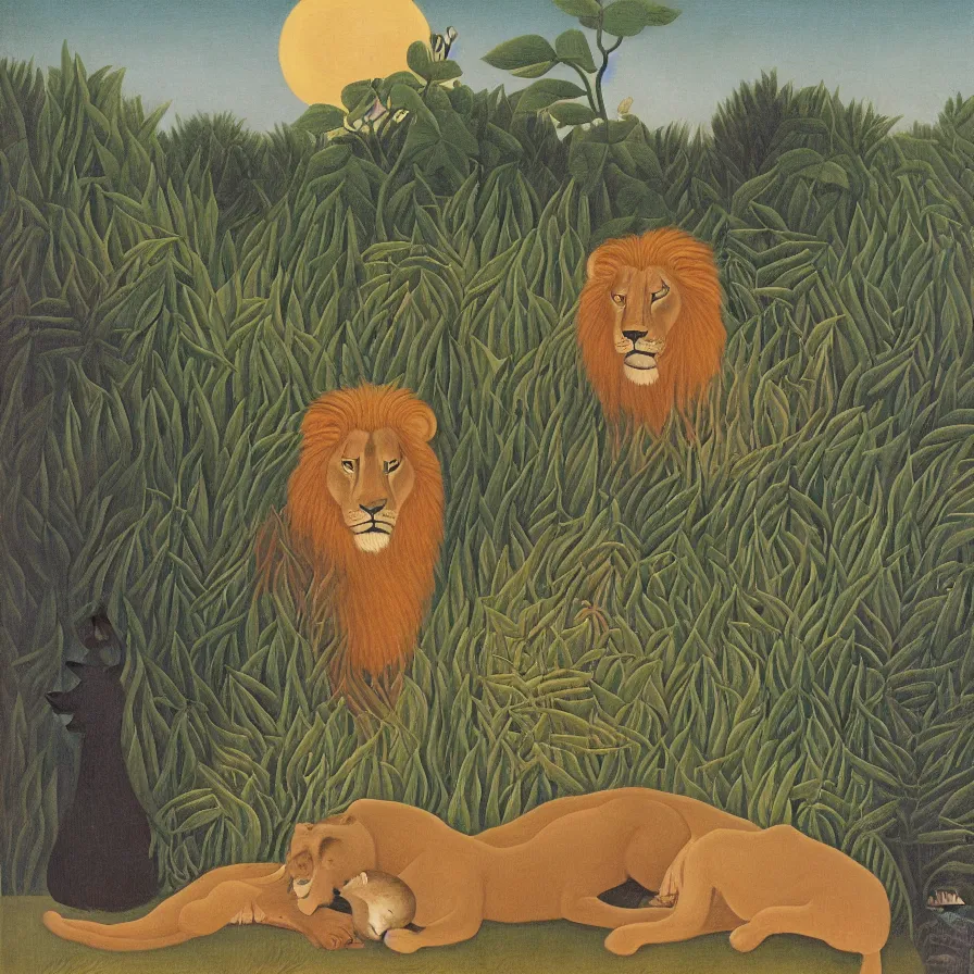 Prompt: in the style of henri rousseau, a lion standing behind a sleeping man dressed in a stripe rope. In the background is a mountain range. It is night and a full moon can be see on the right hand side. a Mandolin is laying in front of the sleeping man