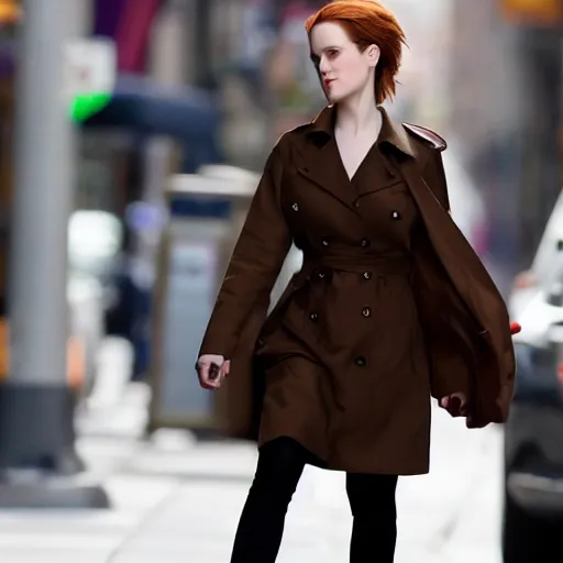 Image similar to 4 k award - winning still of evan rachel wood with long dark brown hair with bangs wearing a trench coat walking in new york city