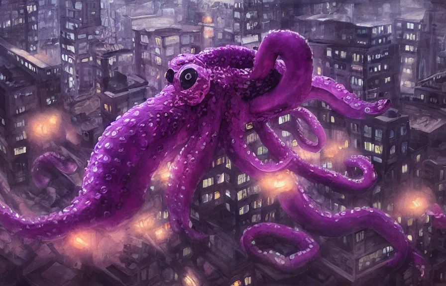 Prompt: aerial!!!! view looking down on a giant purple octopus monster moving through!!! buildings in a dark, dim, detailed city, extremely detailed!!! oil painting, dull palette, dramatic lighting, trending on artstation