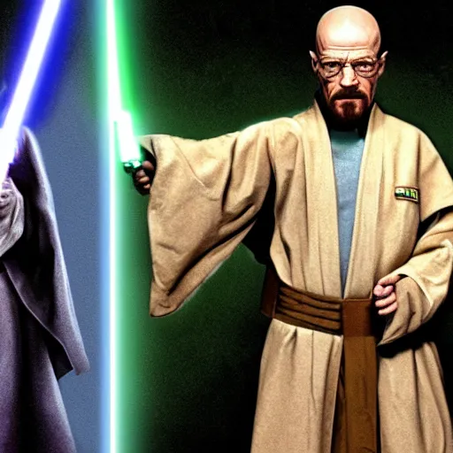Image similar to realistic photo of walter white as a jedi from star wars, using jedi clothes and with a lightsaber