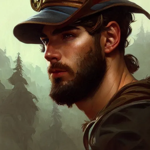 Image similar to portrait of rugged young male ranger muscular fantasy intricate elegant headshot portrait detailed face coherent face highly detailed digital painting artstation concept art smooth sharp focus illustration art by artgerm and greg rutkowski and alphonse mucha