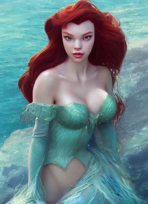 Image similar to princess ariel, naturel, hyper detailed, digital art, trending in artstation, cinematic lighting, studio quality, smooth render, unreal engine 5 rendered, octane rendered, art style by klimt and nixeu and ian sprigger and wlop and krenz cushart