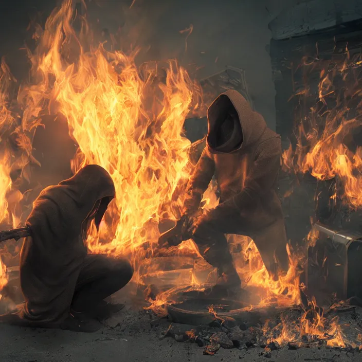 Prompt: hooded man dumping gas on a fire, octane render, 4 k ultra hd, hyper - detailed, realistic, seedy lighting, sharp focus, fantasy dark art