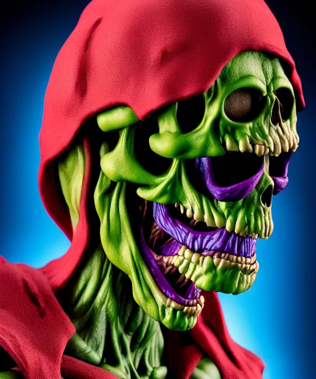 Image similar to hyperrealistic rendering, skeletor, by art of skinner and richard corben and jeff easley, product photography, action figure, sofubi, studio lighting, colored gels