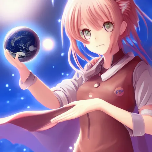 Image similar to An anime girl holding and terraforming a planet on her hands, wide-shot, high detail, 4k, digital art, artstation, 8k, very detailed