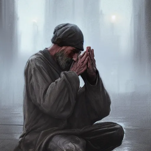 Prompt: an homeless man praying on the streets, dark, sad, digital painting, artstation, concept art, soft light, hdri, smooth, sharp focus, illustration, fantasy, intricate, elegant, highly detailed, D&D, matte painting, in the style of Greg Rutkowski and Alphonse Mucha and artemisia, 8k,