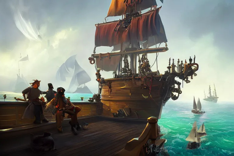 Image similar to parrot and cat sit on deck of ship sea of thieves, fantasy, digital painting, volumetric light, intricate, sharp, focus, bloom, illustration, highly detailed, concept art, matte, ruan jia, randy vargas, greg rutkowski