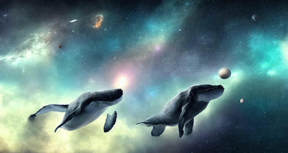 Image similar to high quality photo of big whale floating in dark beautiful space filled with stars, planets and galaxies, photorealism, 8k, extremely detailed