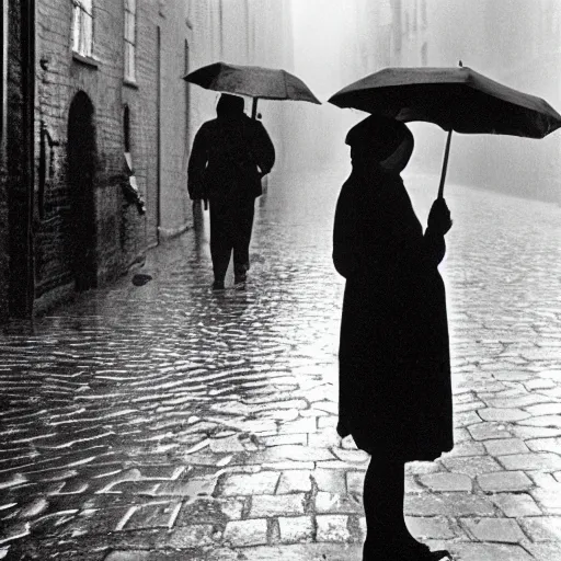 Image similar to fine art photograph of a woman waiting for the rain to stop, rainy flagstone cobblestone street, by henri cartier - bresson