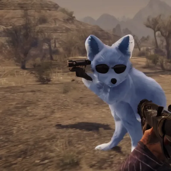 Image similar to a blue fennec fox furry in a fursuit in red dead redemption 1 killing himself with his revolver