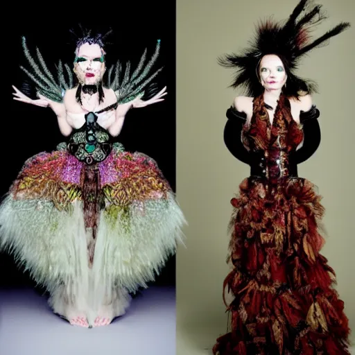 Image similar to bjork in a gown inspired by steampunk flowerpunk afterlife