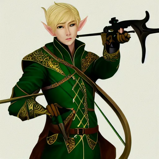 Prompt: Portrait of a handsome blonde elven ranger in green and gold jacket with a crossbow. In style of Hyung-tae Kim, concept art, trending on ArtStation, Korean MMORPG.