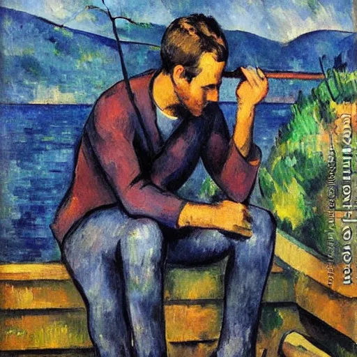 Prompt: ryan reynolds fishing from a pier in vancouver, painted by cezanne