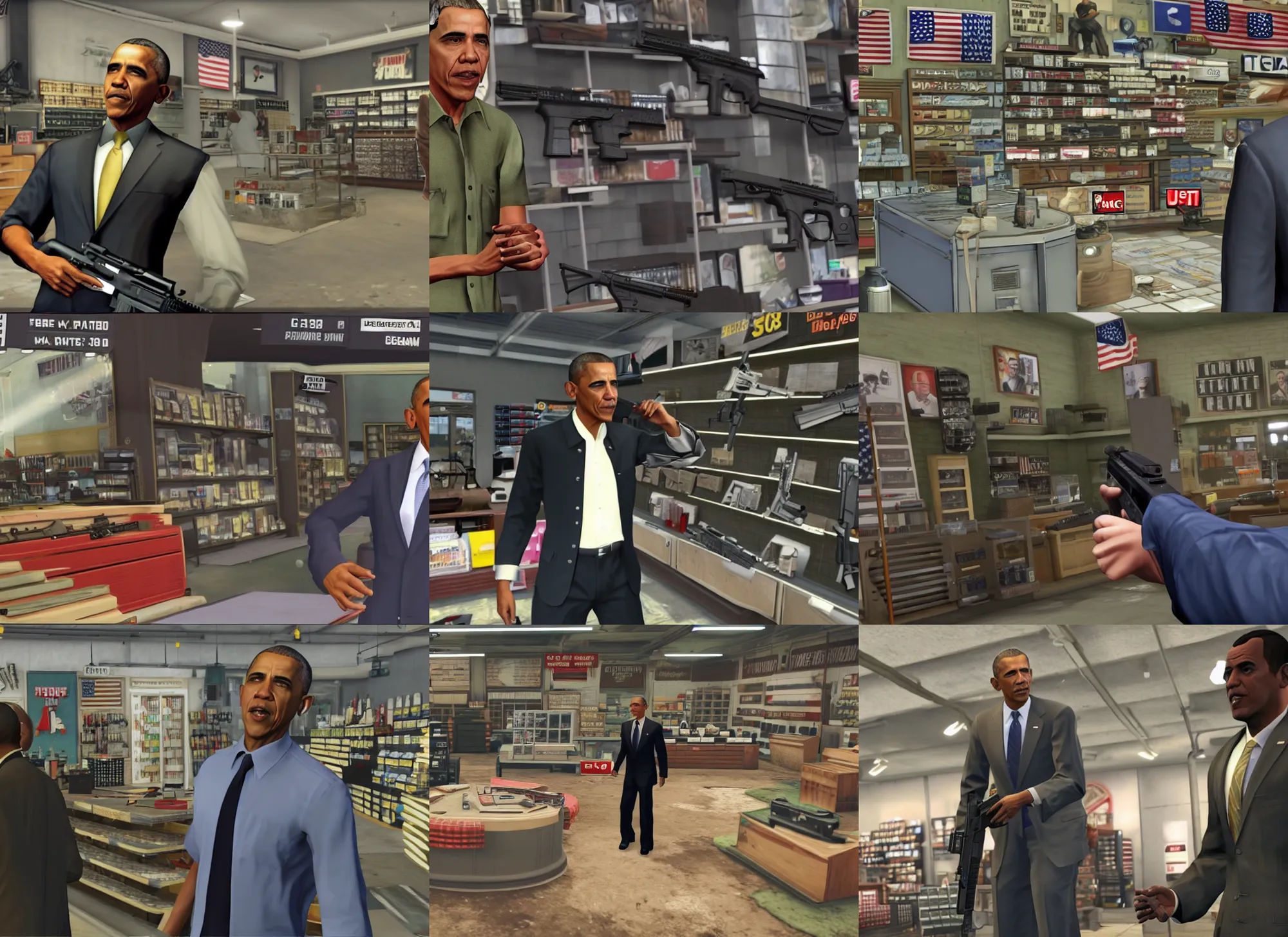 Prompt: Obama in the gun-shop, screenshot , GTA5