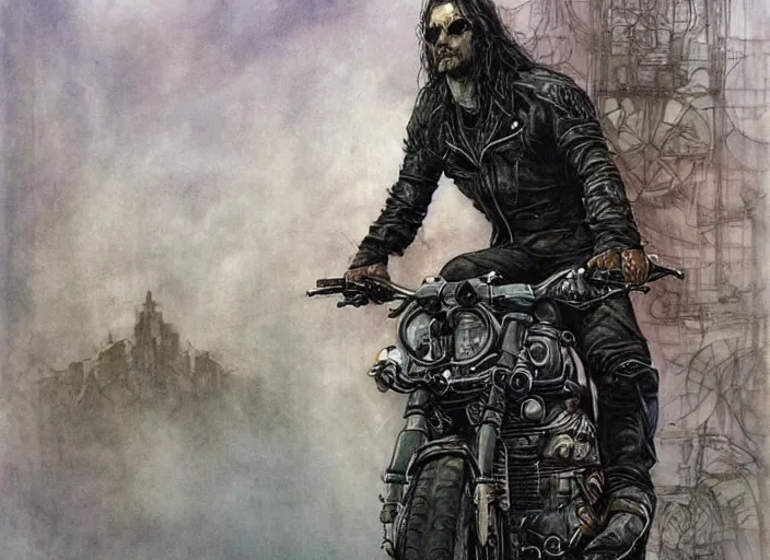 Image similar to portrait of dystopian biker, cityscape background, beautiful! coherent! by brom, by brian froud, deep color, strong line, high contrast