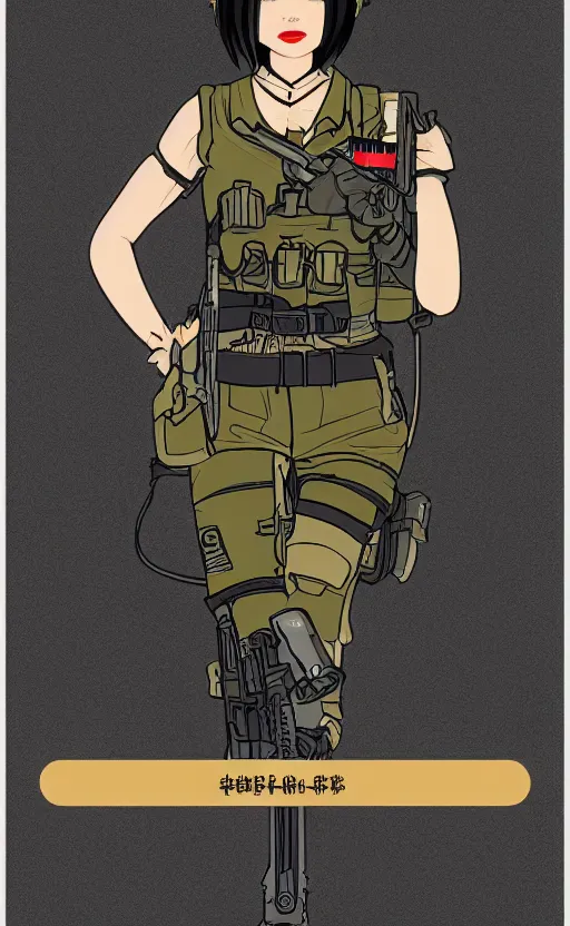 Image similar to patch design, girl, kuvshinov ilya, concept art, trading card front, soldier clothing, military gear, vector line art