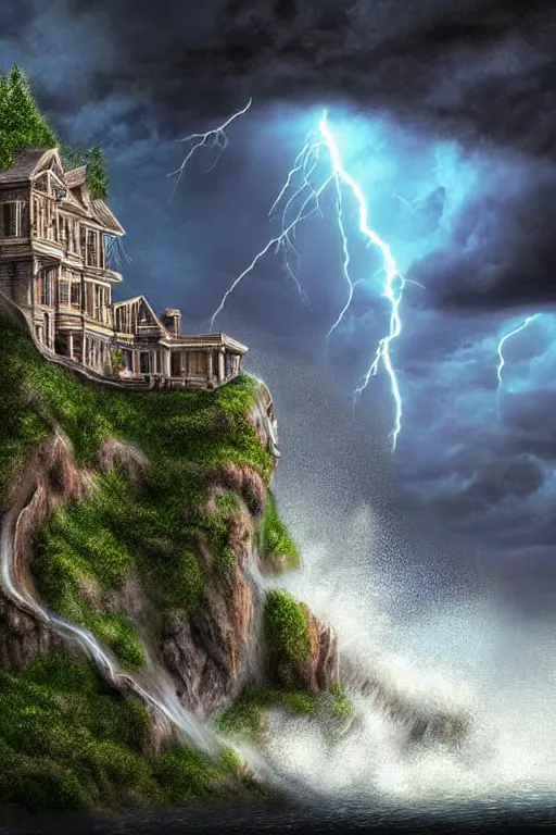 Image similar to Ultra Realistic Hyper detailed Fantasy view of a Haunted Mansion overlooking the cliffs edge where ocean waves are crashing during a lightning storm.