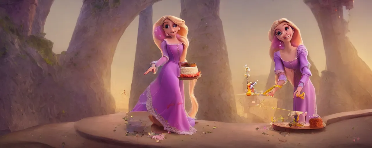 Prompt: rapunzel holding a cake and a mirror, dancing in front of her tower, at the beach. Magical setting. trending on artstation, 30mm, trending on ArtStation, deviantart, high detail, stylized portrait