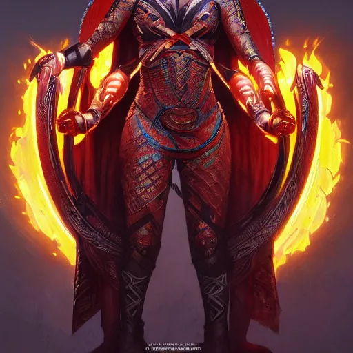 Image similar to a wakandan warrior wearing a fiery flamng armor, ultra realistic, concept art, intricate details, eerie, horror, highly detailed, photorealistic, octane render, 8 k, unreal engine. art by artgerm and greg rutkowski and alphonse mucha