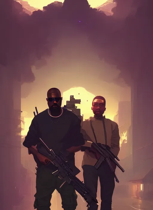 Image similar to highly detailed portrait kanye holding ak 4 7 in gta v stephen bliss unreal engine fantasy art by greg rutkowski loish rhads ferdinand knab makoto shinkai lois van baarle ilya kuvshinov rossdraws tom bagshaw global illumination radiant light detailed intricate environment