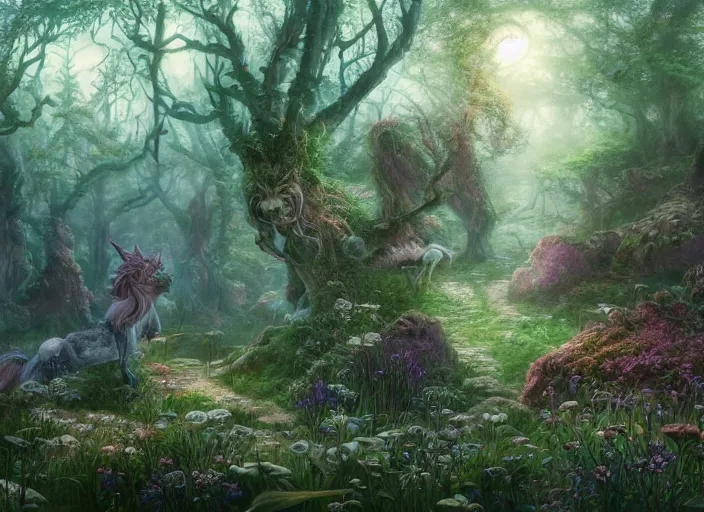 Image similar to desktop background, magical fantasy forest, centaur, path traced, highly detailed, high quality, digital painting, by studio ghibli, lise deharme, alexander jansson, paul lehr, tim white, hans zatzka, henriette ronner - knip, george stubbs, louis wain