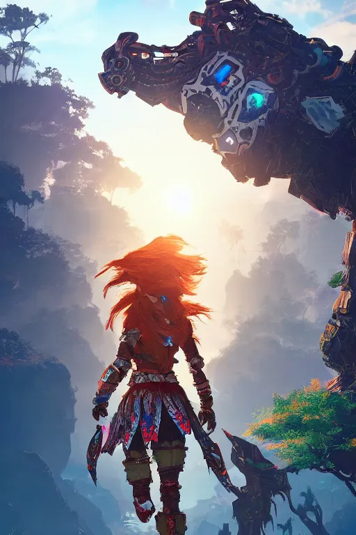 Image similar to combination suit armor aloy horizon forbidden west horizon zero dawn radiating a glowing aura global illumination ray tracing hdr fanart arstation by ian pesty and alena aenami artworks in 4 k tribal robot ninja mask helmet backpack