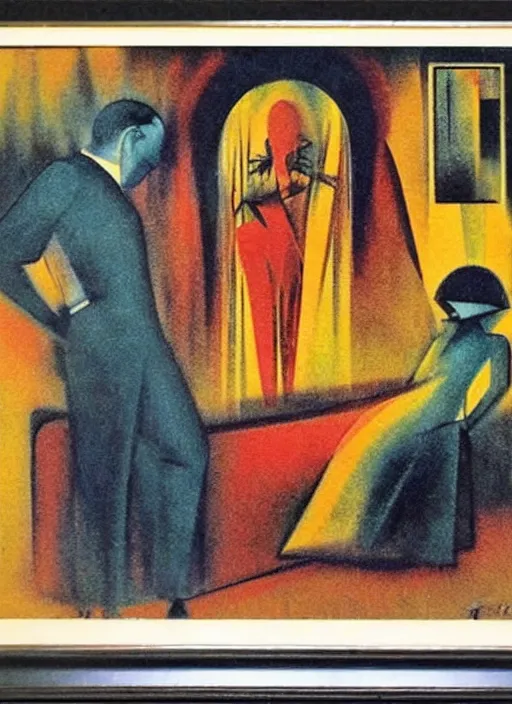 Prompt: 1920s moody art deco by Tito Corbella, a family enshrouded in an abstract representation of their own bedroom, thick impressionist brush strokes, figurative art by Bob Peak and by Mark Tennant, vintage postcard