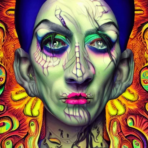 Image similar to An extremely psychedelic portrait of the Addams Family, surreal, LSD, face, detailed, intricate, elegant, lithe, highly detailed, digital painting, artstation, concept art, smooth, sharp focus, illustration