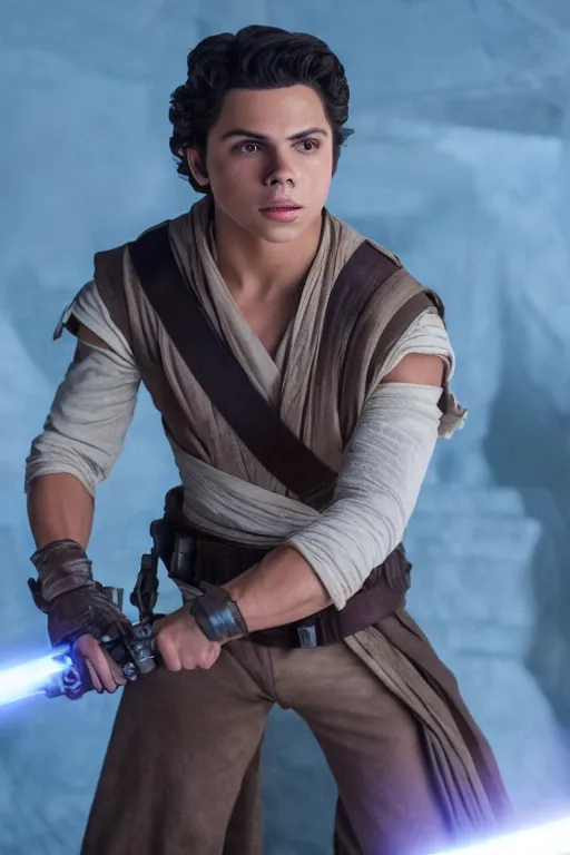 Image similar to jake t. austin as a jedi in star wars the rise of skywalker, 3 5 mm photography, highly detailed, cinematic lighting, standing pose, holding lightsaber 4 k