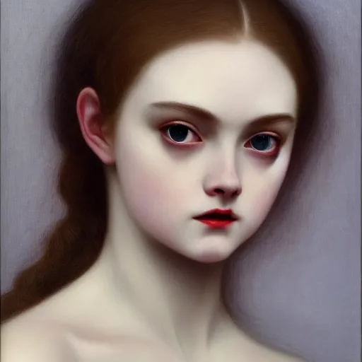 Image similar to A masterpiece head and shoulders scary portrait of Elle Fanning as a vampire by William Adolphe Bouguereau and Junji Ito