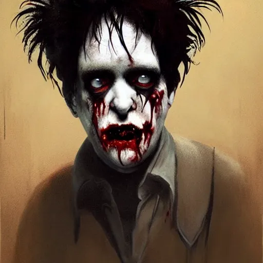 Image similar to early picture of robert smith from the eighties as a cute zombie, 7 days to die zombie, fine art, award winning, intricate, elegant, sharp focus, cinematic lighting, digital painting, 8 k concept art, art by z. w. gu, art by brom, art by michael hussar, 8 k