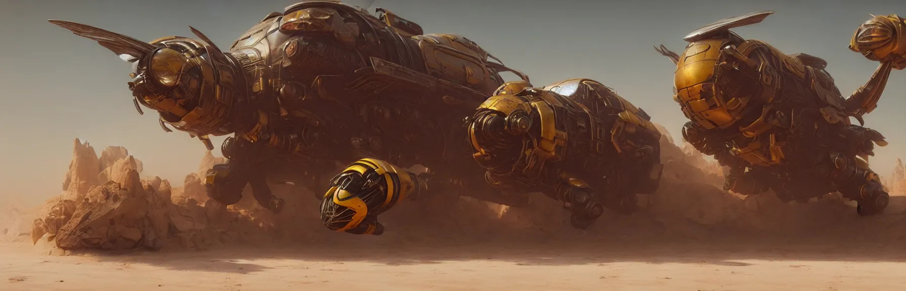 Image similar to desert feather mechanical bumble bee, unreal engine, Greg Rutkowski, James Gurney, artstation