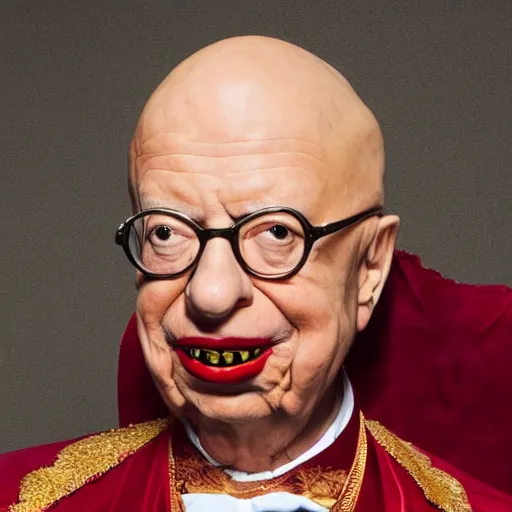 Image similar to UHD candid color photo of Klaus Schwab dressed as emperor, wearing accurate clown makeup, accurate face, UHD, photorealistic, correct face, photo by Annie Leibowitz