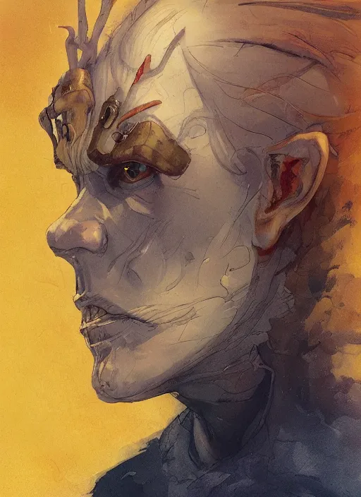 Prompt: a portrait of a male character who has two small, snake-like nostrils in place of a nose in a scenic environment by Ross Tran and by Jesper Ejsing and by Mikalojus Konstantinas Ciurlionis