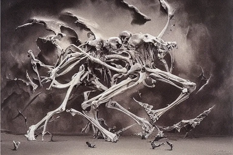 Image similar to ultra-detailed painting by zdzisław beksiński of blood lord fighting black angel made out of bones