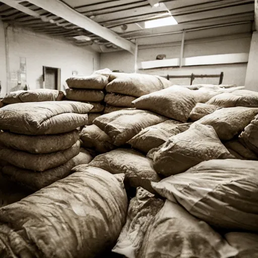 Image similar to An empty kitchen. The smell of a thousand meals linger in the air like an unpleasant memory. Sacks of flour and other supplies are stacked everywhere; the place looks more like a warehouse than a home, as if they aren't going to be cooking anything for at least another two months.