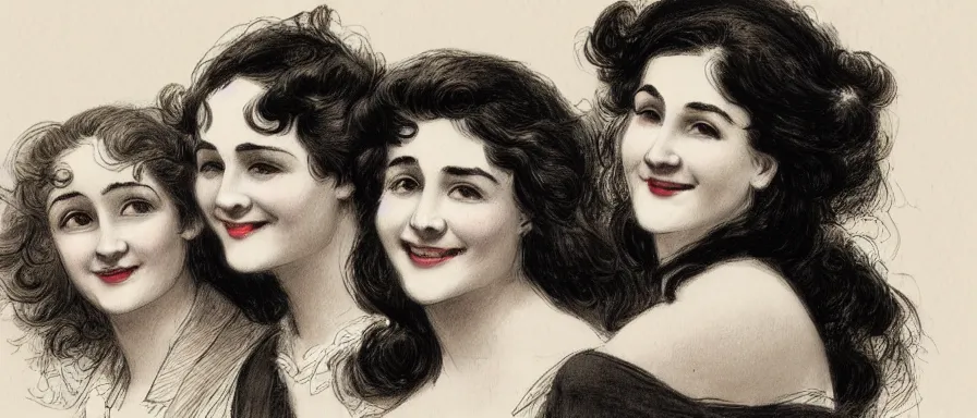 Prompt: three women, happy, smiling, art by Charles Dana Gibson, extremely detailed, beautiful, artstation